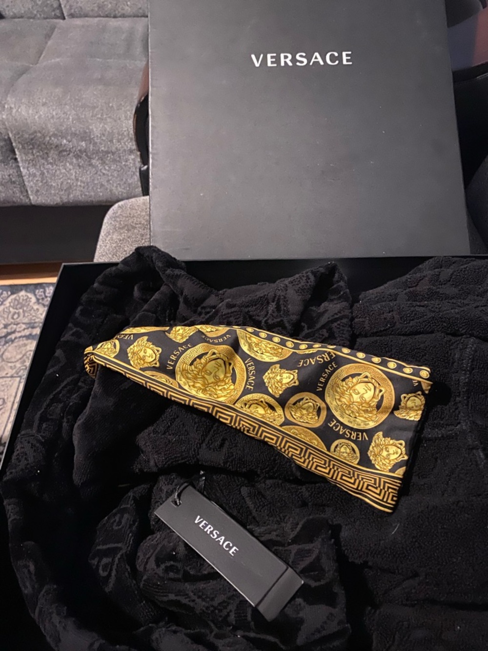 Versace Black and Gold Medusa Coin Silk Scarf